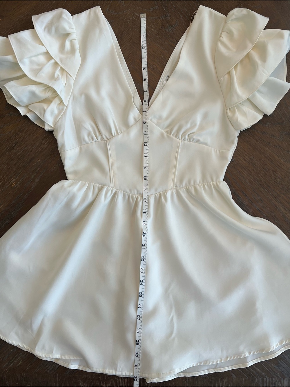 Ivory Ruffle-Sleeve V-Neck Mini Dress with Romper Lining - Picture 7 of 11